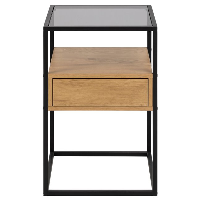 Bedside table Andolf, natural/black, tempered glass/steel, H60x35x40cm