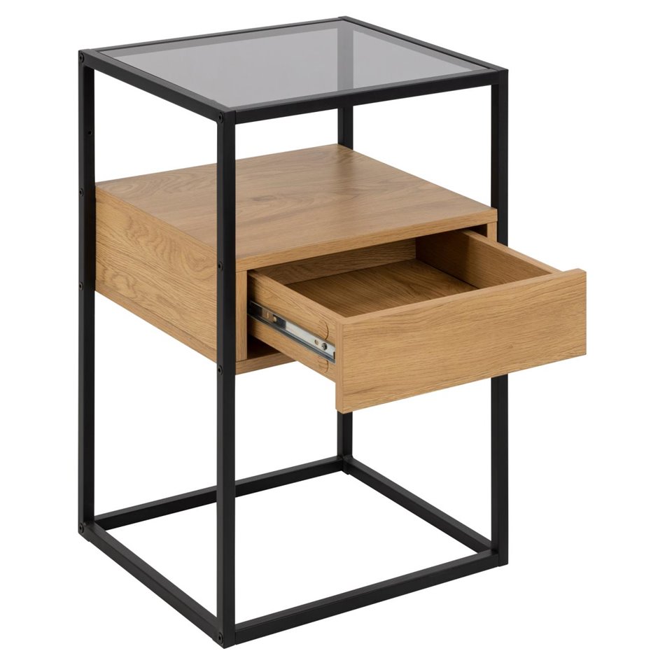 Bedside table Andolf, natural/black, tempered glass/steel, H60x35x40cm