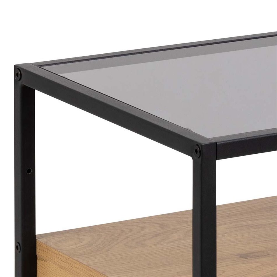 Bedside table Andolf, natural/black, tempered glass/steel, H60x35x40cm