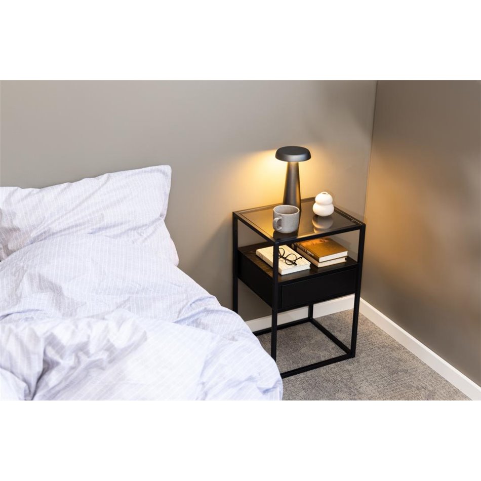 Bedside table Andolf, black, tempered glass/steel, H60x35x40cm