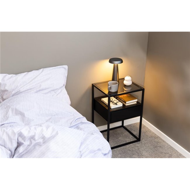 Bedside table Andolf, black, tempered glass/steel, H60x35x40cm