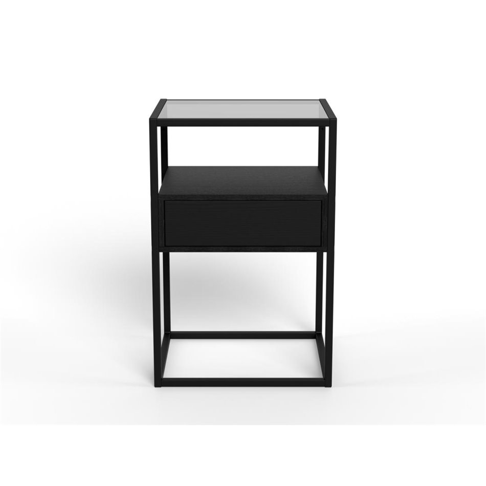 Bedside table Andolf, black, tempered glass/steel, H60x35x40cm