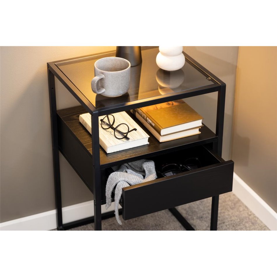 Bedside table Andolf, black, tempered glass/steel, H60x35x40cm