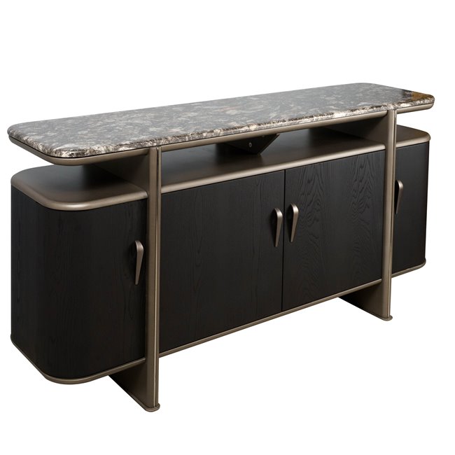 Sideboard Savelli black, metal/artificial marble/MDF/wood veneer, H77x150x40cm