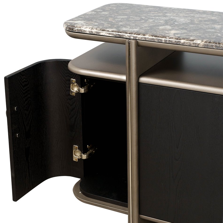 Sideboard Savelli black, metal/artificial marble/MDF/wood veneer, H77x150x40cm