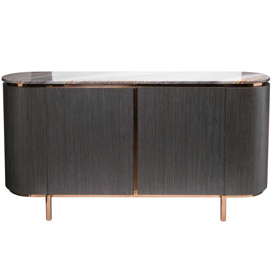 Side table Sanden, artificial marble/silver oak wood veneer/MDF/metal/glass, 160x40cm H75cm