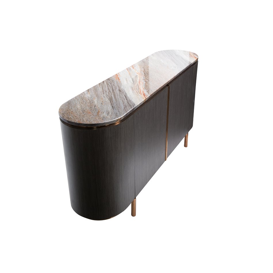 Side table Sanden, artificial marble/silver oak wood veneer/MDF/metal/glass, 160x40cm H75cm