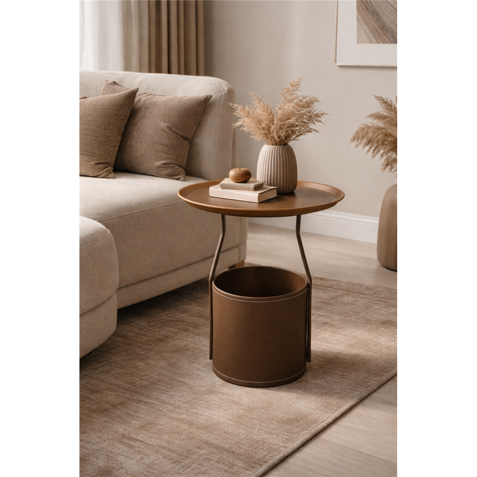 Side table Jakko, brown, iron/PU, D48cm H53cm