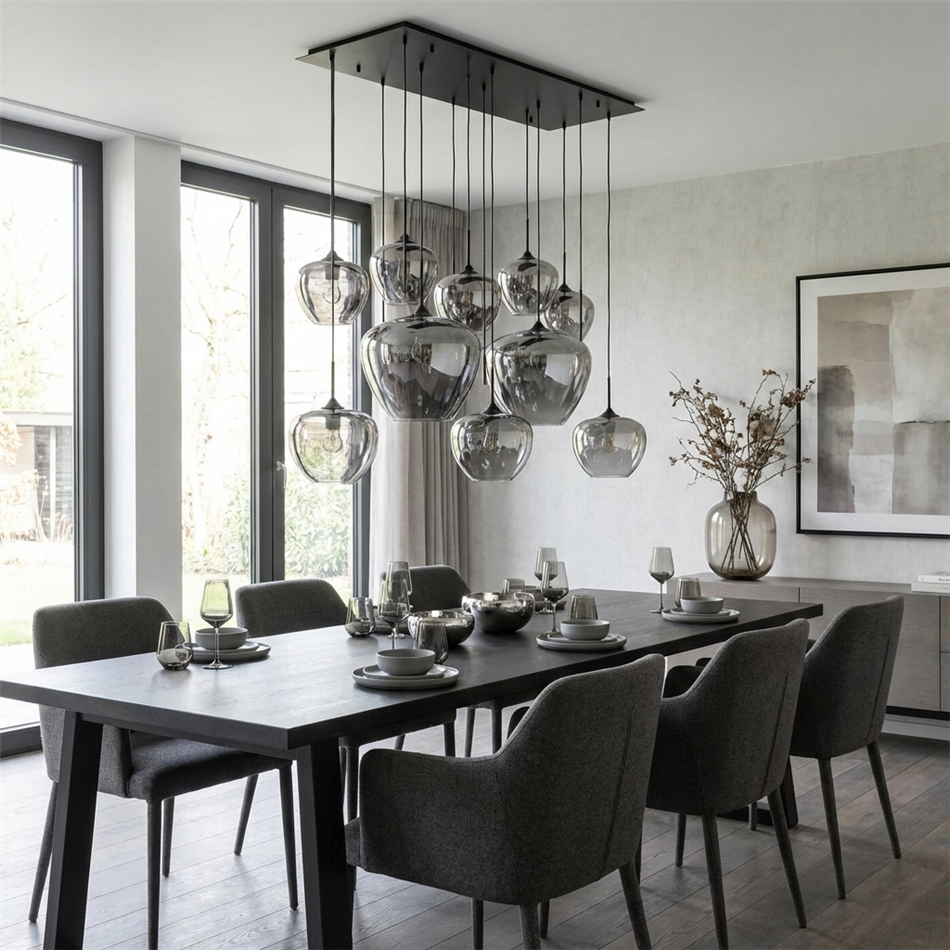 Pendant lamp Rikardo10, smoky/black, H100-190x150x60cm, E27x10 40W(MAX)