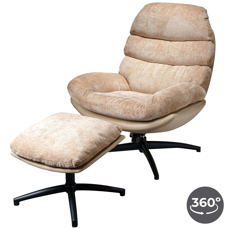 Armchair Vincento with footstool, pink-beige, rotatable 360 degrees, H100x92x79cm, seat H 47cm