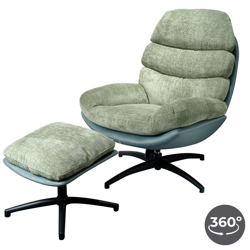 Armchair Vincento with footstool, green 09, rotatable 360 degrees, H100x92x79cm, seat height 47cm