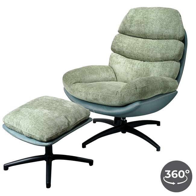 Armchair Vincento with footstool, green 09, rotatable 360 degrees, H100x92x79cm, seat height 47cm