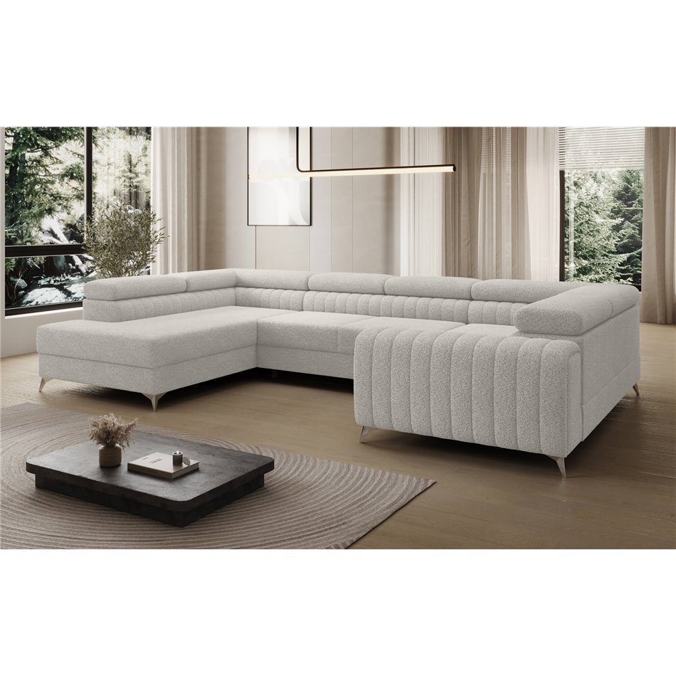 U-shaped sofa Eluis L, sleeping function, Royal 01, boucle, white, H92x347x202cm