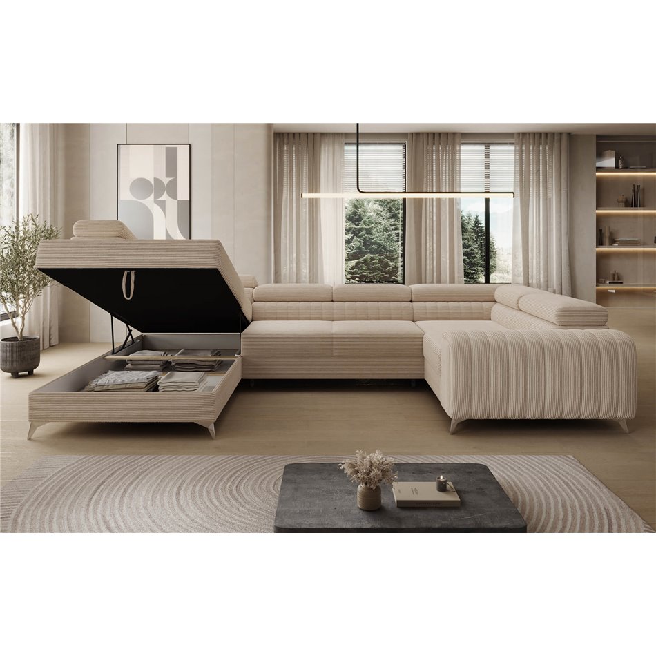 U-shaped sofa Eluis L, sleeping function, Jarell 18, corduroy, beige, H92x347x202cm