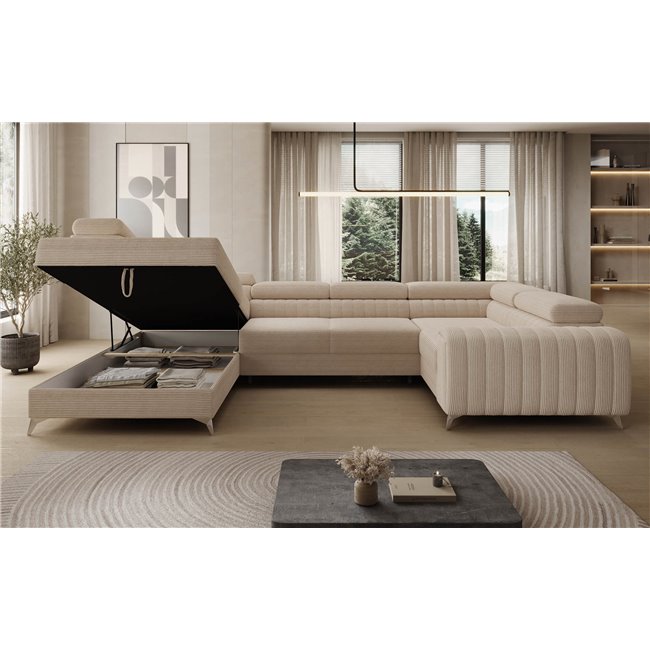 U-shaped sofa Eluis L, sleeping function, Jarell 18, corduroy, beige, H92x347x202cm