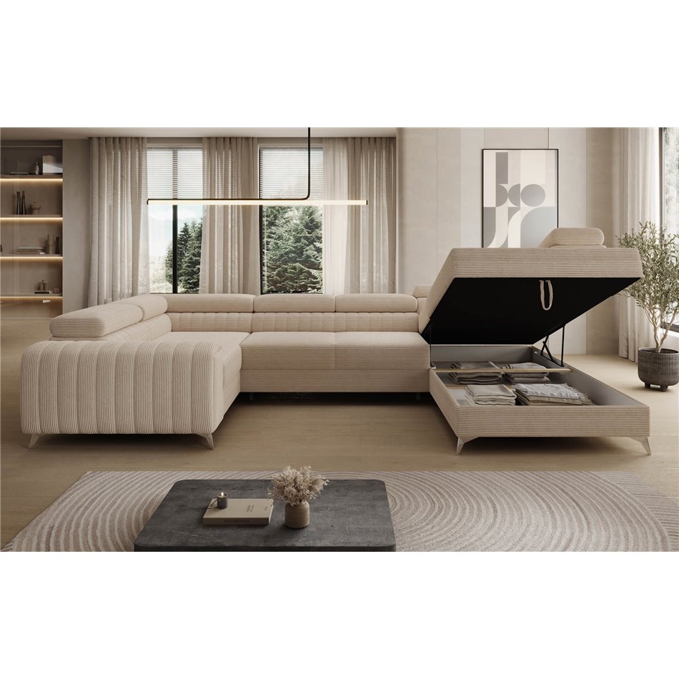 U-shaped sofa Eluis R, sleeping function, Jarell 18, corduroy, beige, H92x347x202cm