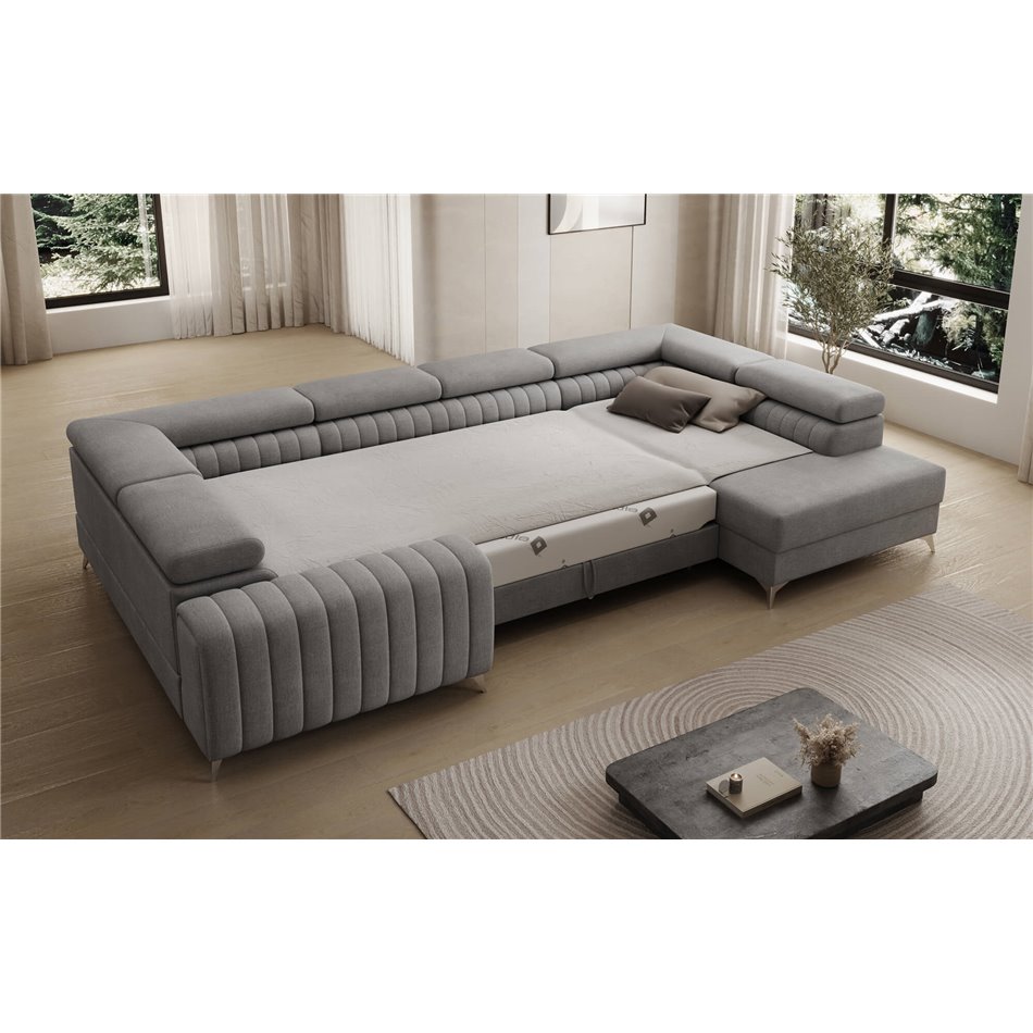 U-shaped sofa Eluis R, sleeping function, Monolith 85, velvet, grey, H92x347x202cm