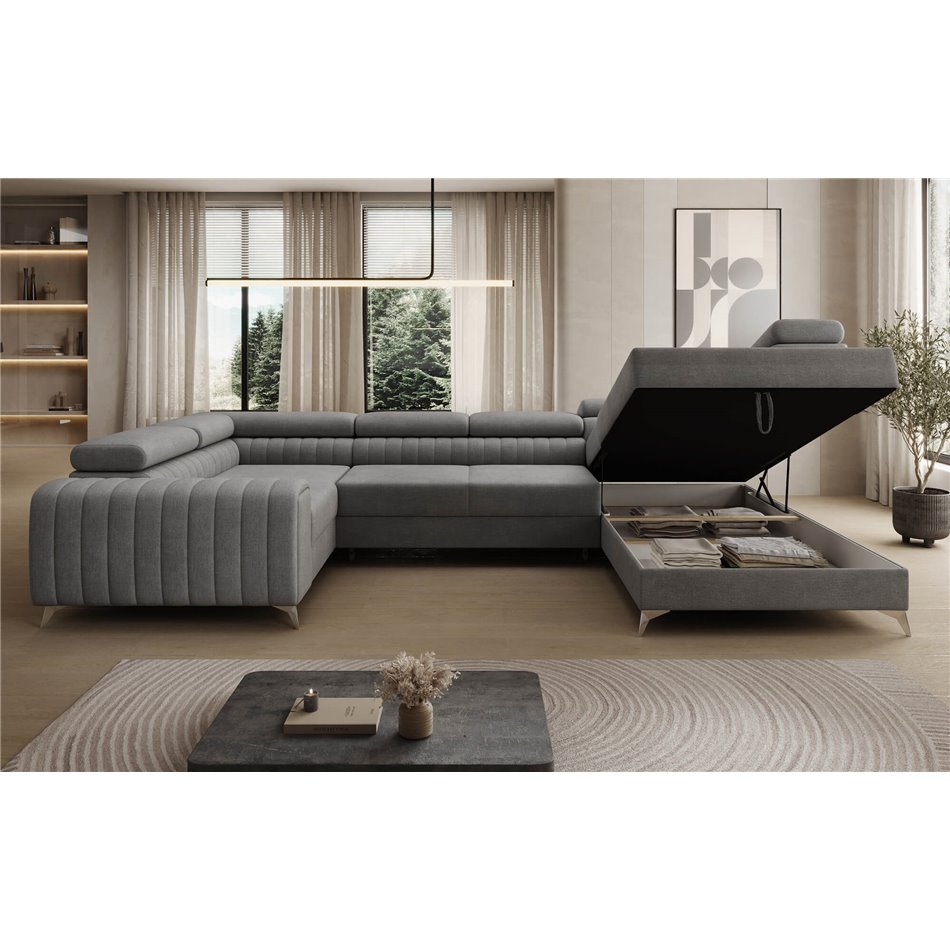 U-shaped sofa Eluis R, sleeping function, Monolith 85, velvet, grey, H92x347x202cm
