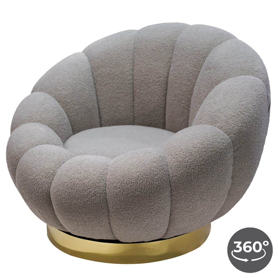 Swivel leisure chair Valdo, grey/gold color, rotatable 360 degrees, H75x101x99cm, seat height 40cm