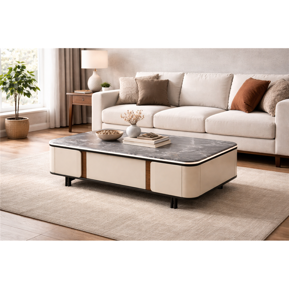 Coffee table Saraso, MDF/walnut veneer/marble/metal, 130x70cm H40cm