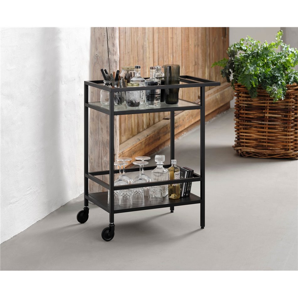 Serving trolley Unbronk, black, metal/tempered glass, H85x70x42cm