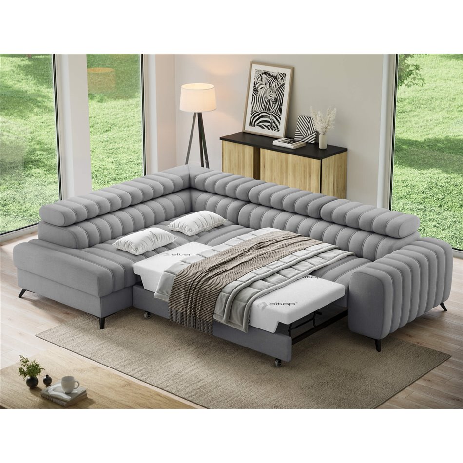 Corner sofa Elkanedo L, sleeping function, Nube 03, velvet, grey, H86x269x204cm