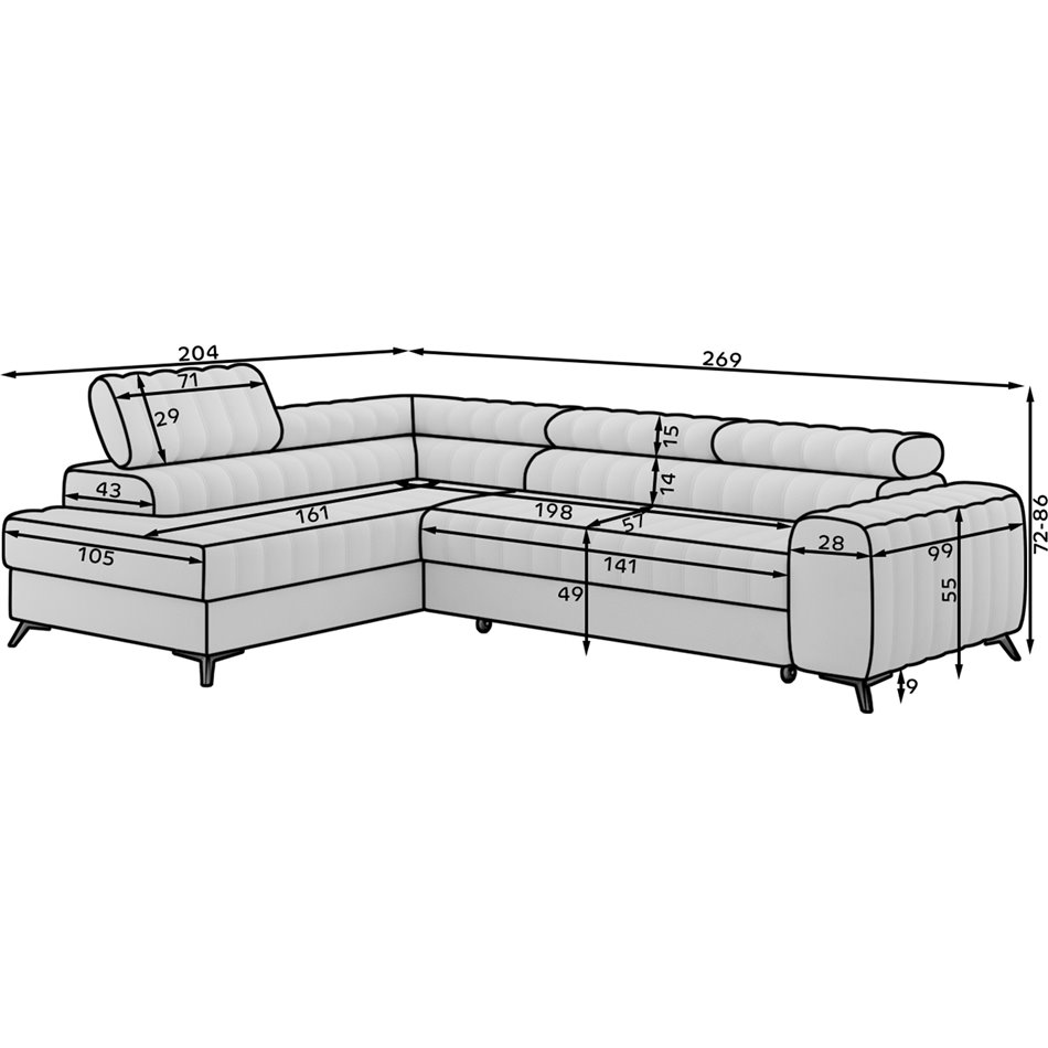 Corner sofa Elkanedo L, sleeping function, Nube 03, velvet, grey, H86x269x204cm