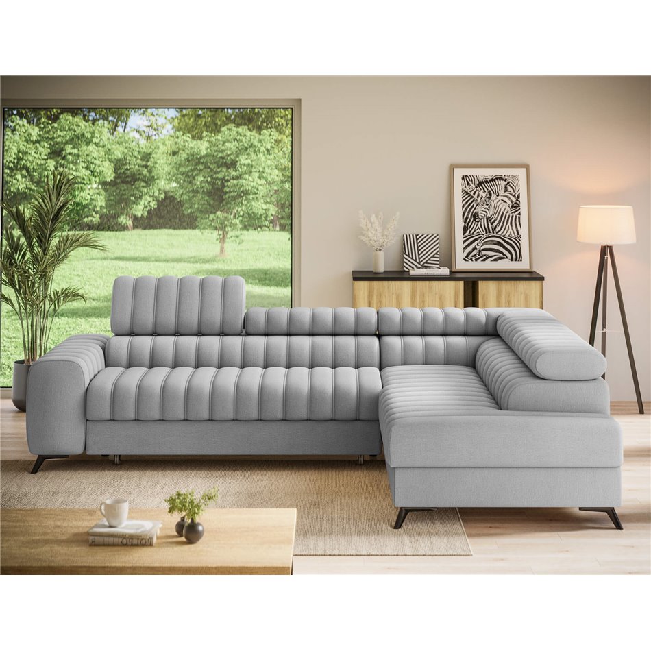 Corner sofa Elkanedo R, sleeping function, Nube 03, velvet, grey, H86x269x204cm