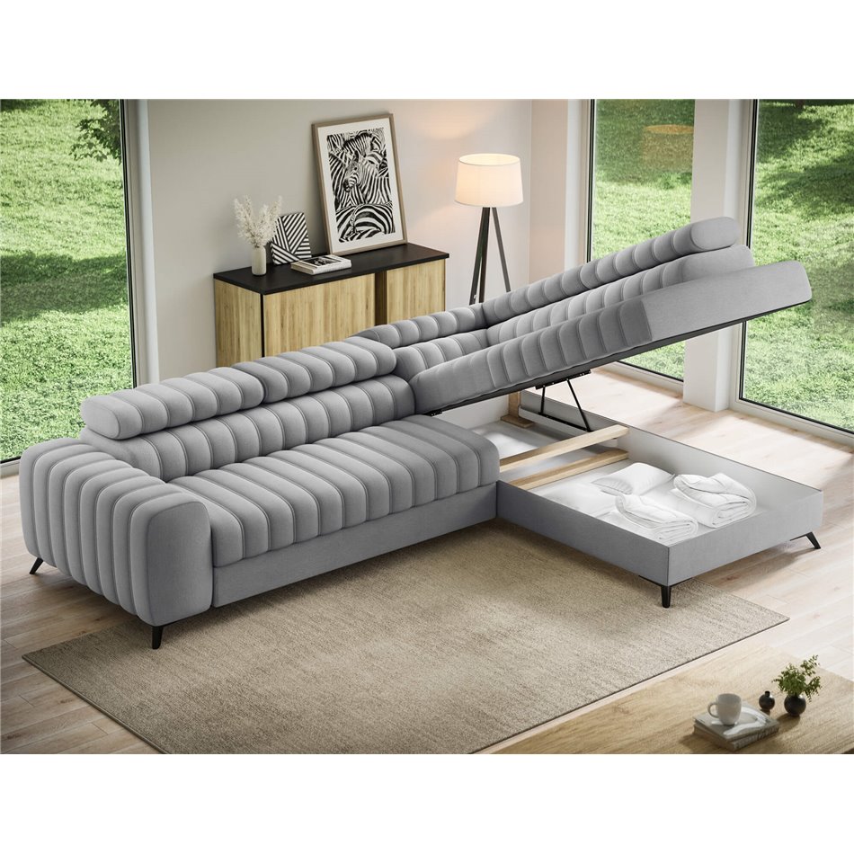 Corner sofa Elkanedo R, sleeping function, Nube 03, velvet, grey, H86x269x204cm