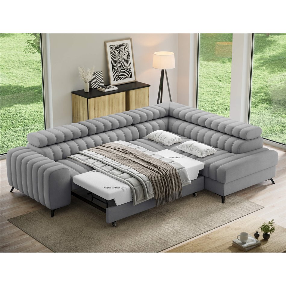 Corner sofa Elkanedo R, sleeping function, Nube 03, velvet, grey, H86x269x204cm