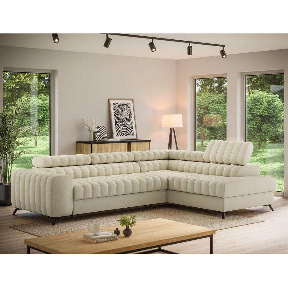 Corner sofa Elkanedo R, sleeping function, Monolith 04, velvet, beige, H86x269x204cm