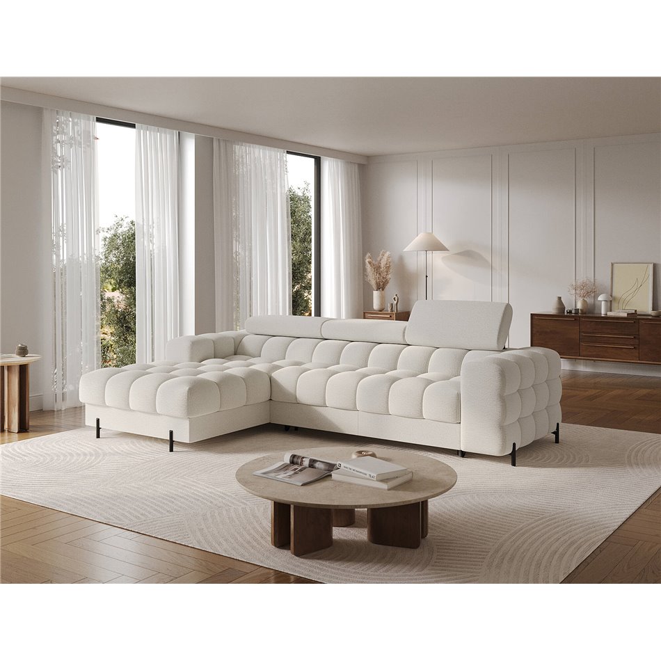 Угловой диван Elferlo L, раздвижной, Royal 01, букле, белый, H93x285x181cm