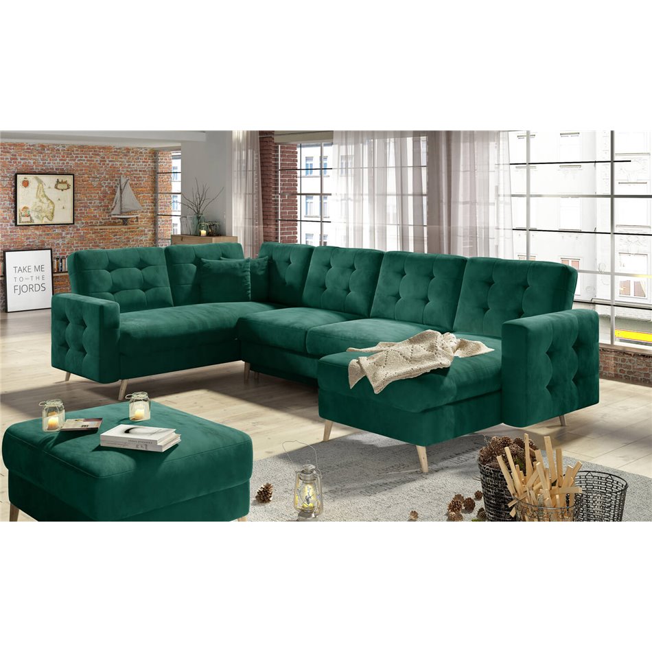 U-shaped sofa Elsgard U L/R Reversible, sleeping function, Monolith 37, velvet, dark green, H93x326x202cm