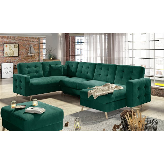U-shaped sofa Elsgard U L/R Reversible, sleeping function, Monolith 37, velvet, dark green, H93x326x202cm