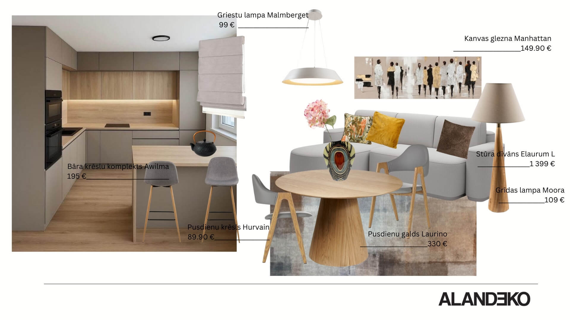 Studio tipa dzīvojamās istabas un ēdamzonas noskaņu kolāža 4