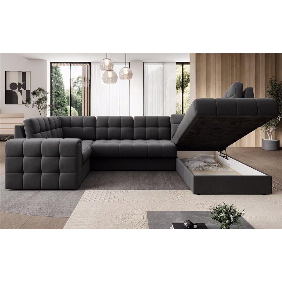 U-shaped sofa Elewett R, sleeping function, Sola 06, dark grey, H82x299x198cm