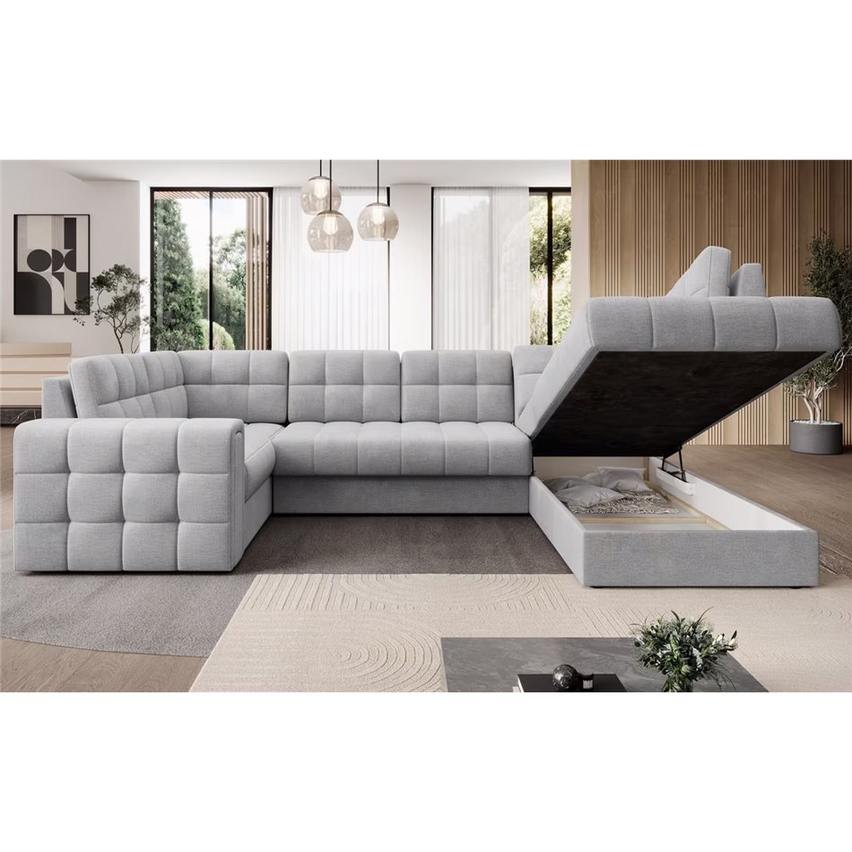 U-shaped sofa Elewett R, sleeping function, Monolith 84, velvet, grey, H82x299x198cm