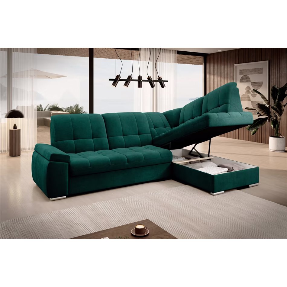 Угловой диван Elsado R, раздвижной, Nube 35, бархат, темно-зелёный, H95x272x192cm