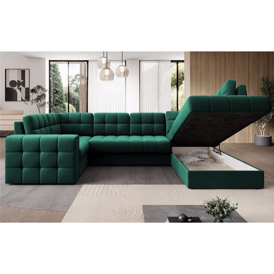 U-shaped sofa Elewett R, sleeping function, Lukso 35, velvet, green, H82x299x198cm