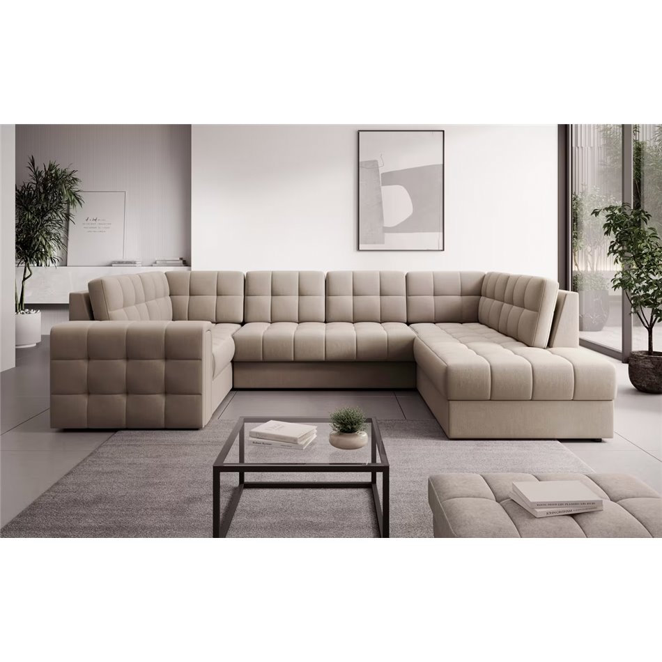 U-shaped sofa Elewett R, sleeping function, Sola 18, beige, H82x299x198cm