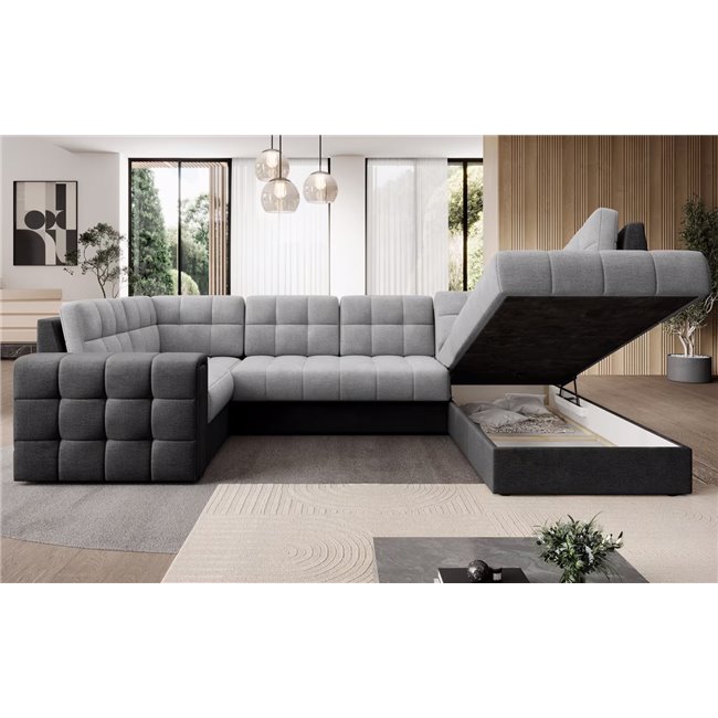U-shaped sofa Elewett R, sleeping function, Monolith 84, Monolith 97, velvet, grey, H82x299x198cm