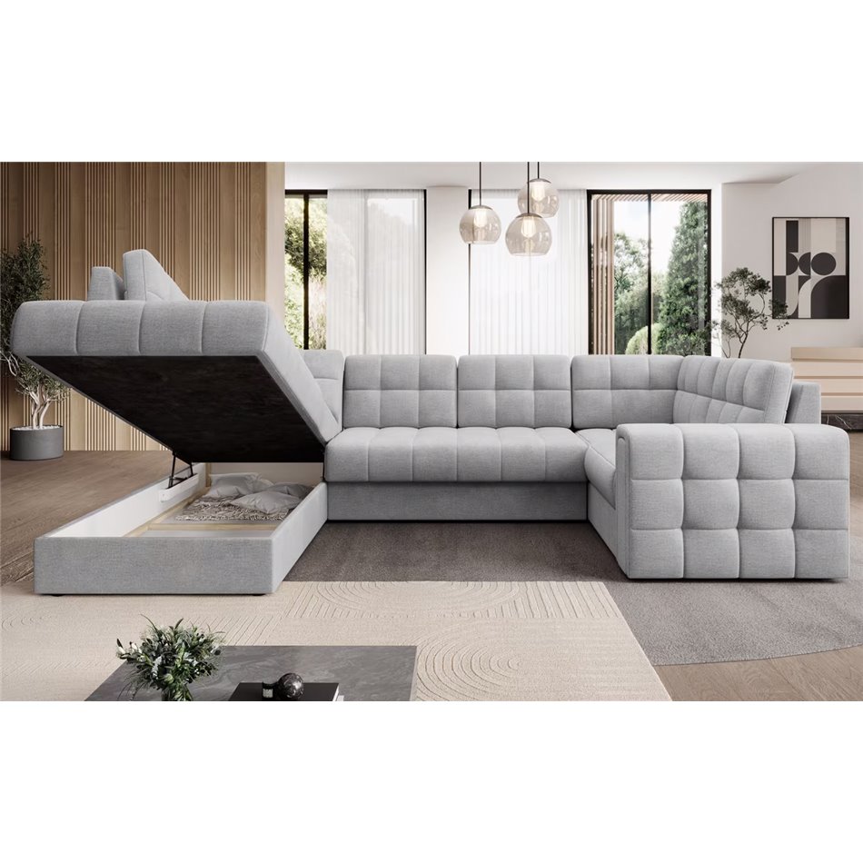 U-shaped sofa Elewett L, sleeping function, Monolith 84, velvet, grey, H82x299x198cm