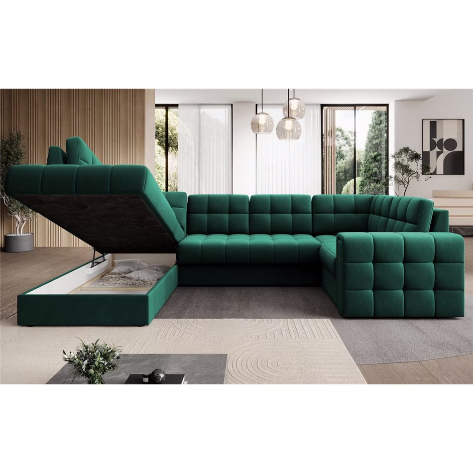 U-shaped sofa Elewett L, sleeping function, Lukso 35, velvet, green, H82x299x198cm