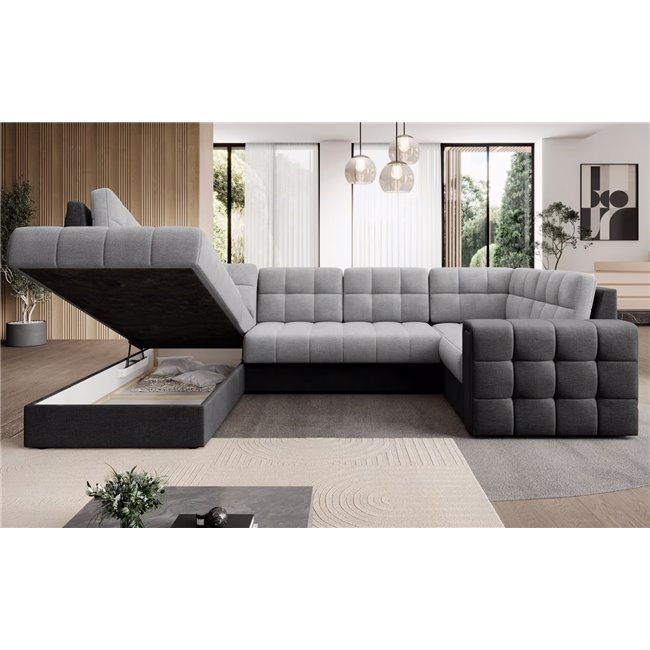 U-shaped sofa Elewett L, sleeping function, Monolith 84, Monolith 97, velvet, grey, H82x299x198cm