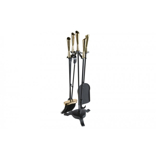 Metallic fireplace tools, 5 pieces and holder, black/golden 20x20x65cm