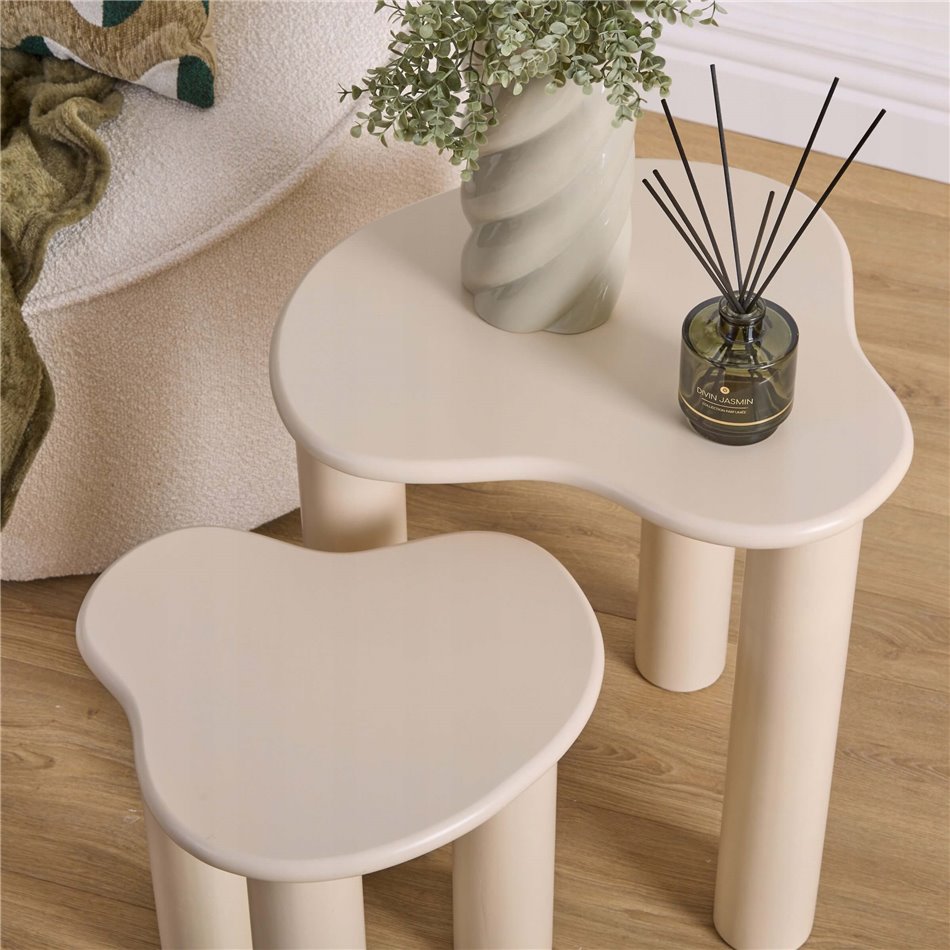 Side table set OLAO, MDF/pine wood legs, ivory, 45x45cm H50.5cm, 35x35cm H40.5cm
