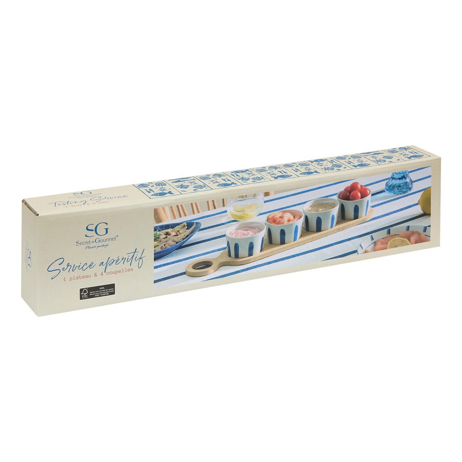 Snack set with 4 bowls and bamboo tray Oceania, H5.5x48x10cm