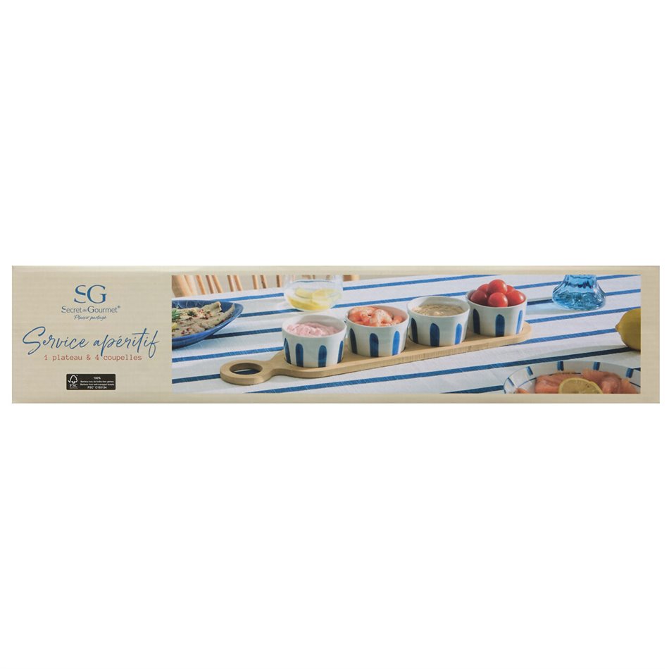 Snack set with 4 bowls and bamboo tray Oceania, H5.5x48x10cm