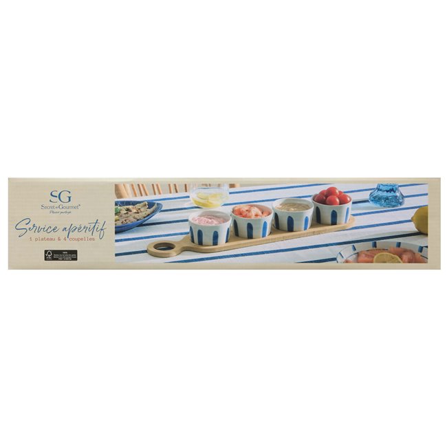 Snack set with 4 bowls and bamboo tray Oceania, H5.5x48x10cm