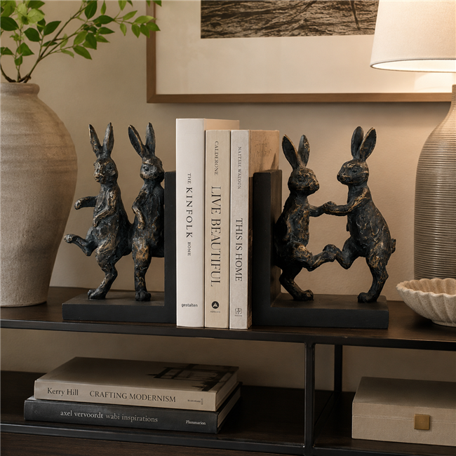Bookend Dancing Rabbit, black/bronze color, set, H18.5x27x9.5cm